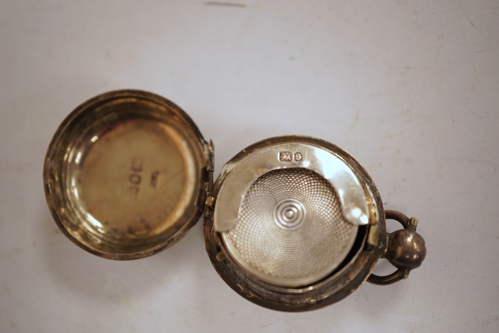 A white metal hunter keywind pocket watch, with Roman dial and subsidiary seconds, two silver charm bracelets and sundry items including jewellery and a silver sovereign case.